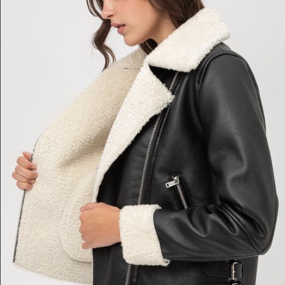 Black shearling zipper leather moto biker jacket - Picture 6 of 6